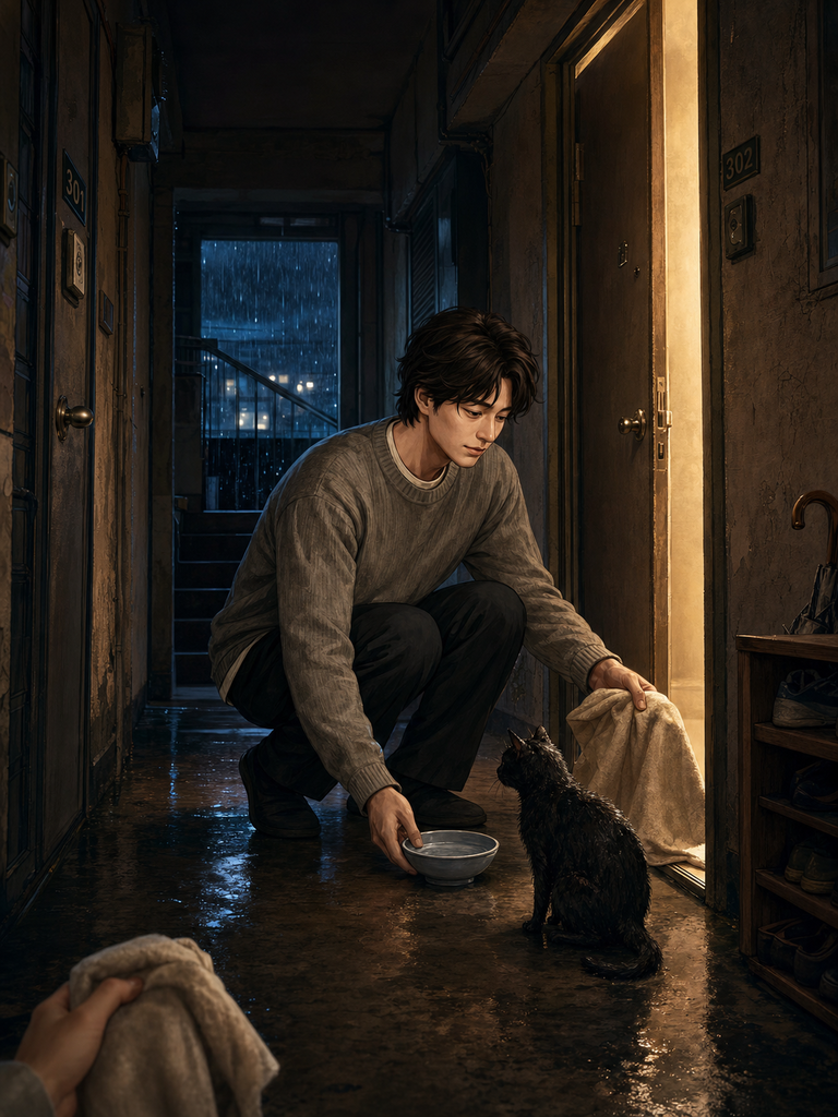 雨の夜、二人の隣人の間に現れた猫を描いた「私たちの間に猫がいる」の表紙